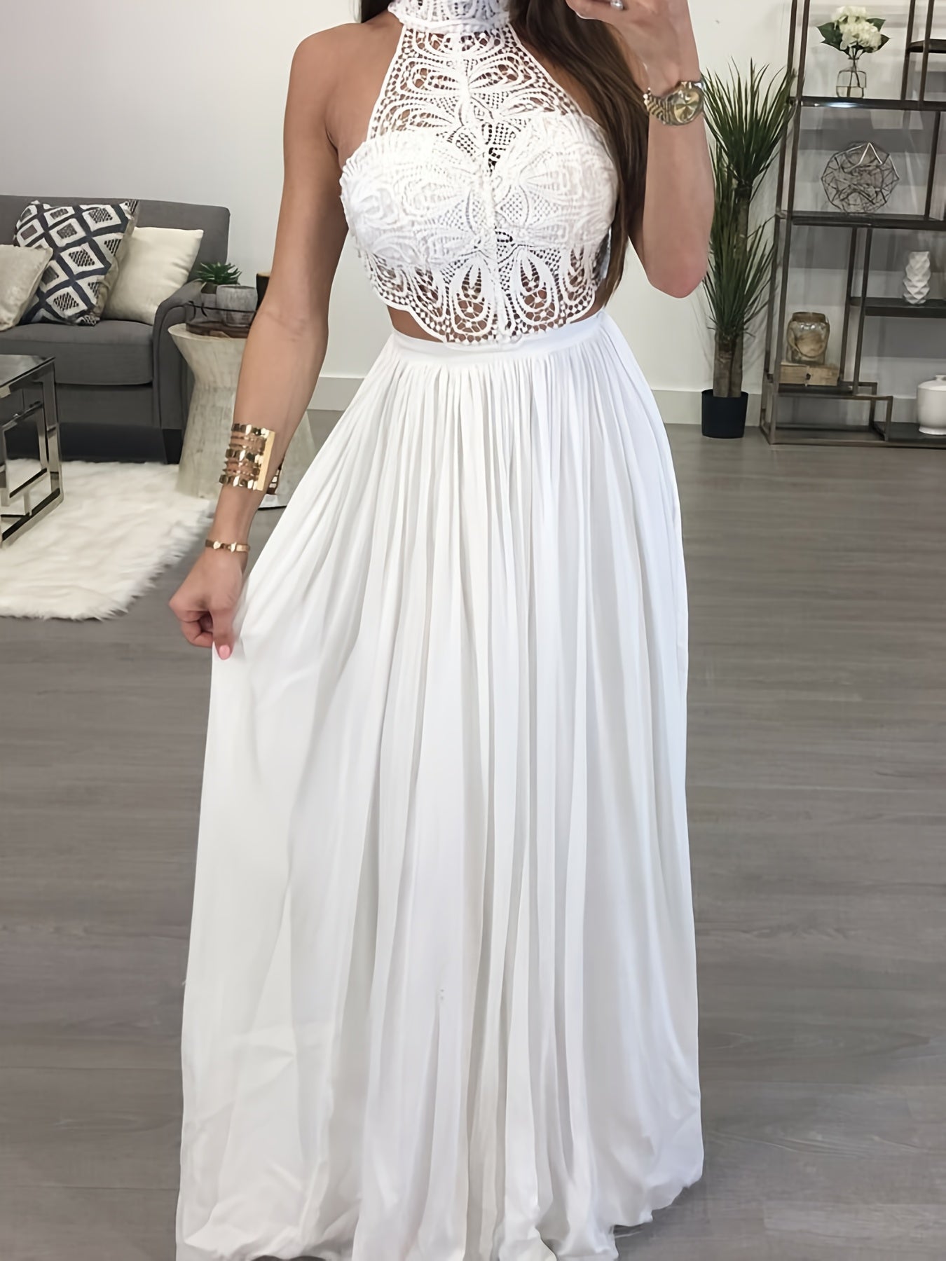 Women's Sexy Off-Shoulder Crochet Lace Halter Neck Dress - High Waist Pleated Maxi Evening Gown for Weddings, Parties & Formal Events